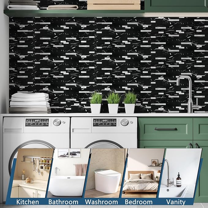 Yipscazo 2 Sheets Peel and Stick Stone Metal Backsplash Tiles, PVC Wall Tiles Stick on Backsplash for Kitchen, Bathroom (6'' X 12'', Black Rock)