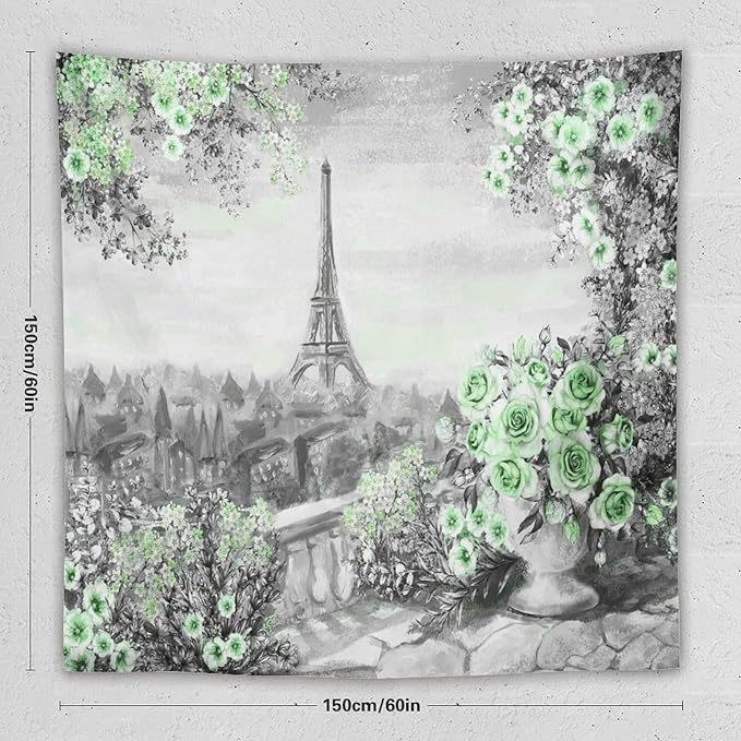 ZhiRain Vintage Paris Tapestry Wall Hanging Eiffel Tower Green Rose Flower Spring Cityscape Gray Tapestries Home Decor for Living Room Bedroom Apartment Farmhouse Dorm 60"x60"
