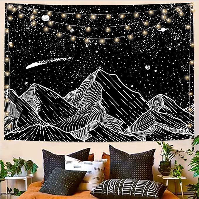 Zussun Black and White Tapestry Starry Night Mountain Tapestries for Bedroom Aesthetic Moon and Stars Tapastry's Wall Hanging Dark Nature Forest Wall Tapestry for Living Room Dorm (Dark, 60'' × 50'')