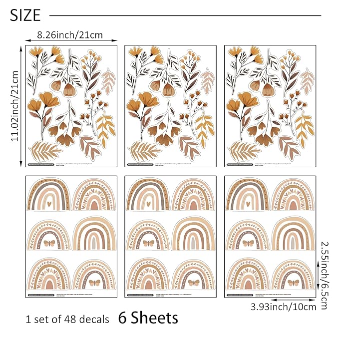YouRfocus Boho Rainbow Floral Wall Decals for Nursery & Kids Room – Set of 48 Removable Peel and Stick Wall Stickers, Neutral Boho Home Decor (6 Sheets)