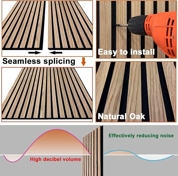 YLL YLL Wood Wall Panels Acoustic Wall Panels for Interior Wall Decoration Two 94.68" x 12.79" Wood Slat Paneling 3D soundproof Wall Panels Natural Oak