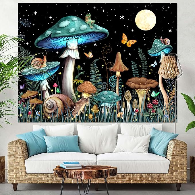 Zussun Teal Mushroom Tapestry Moon Star Tapestries for Bedroom Aesthetic Starry Night Green Plant Tapastrys Wall Hanging Butterfly Snail Frog Wall Tapestry for Living Room Dorm (Green, 48" x 36")