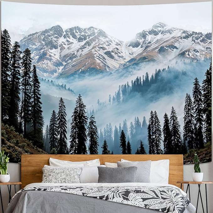 Zussun Nature Mountain Forest Tapestry Pine Tree Jungle Wall Tapestry for Bedroom Aesthetic Misty Snowy Landscape Large Tapestries Wall Hanging for Dorm Living Room Decor 80 x 60 Inch