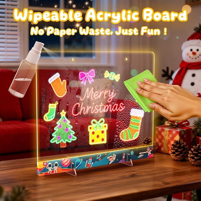16" LumiBoard LED Drawing Board for Kids - 7 Colors & 10 Modes Rechargeable Acrylic LED Note Board with 7 Markers Cleaning Kit, Sketching & Birthday Gifts for Kids/Girls/Teens（Space）