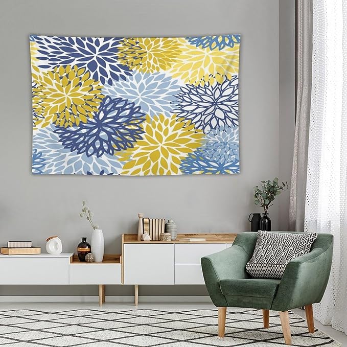 ZhiRain Blue Yellow Floral Tapestry Wall Hanging Boho Dahlia Chrisanthemum Flowers Pattern Tapestries Home Decor for Living Room Bedroom Farmhouse Apartment Dorm 60"x90"