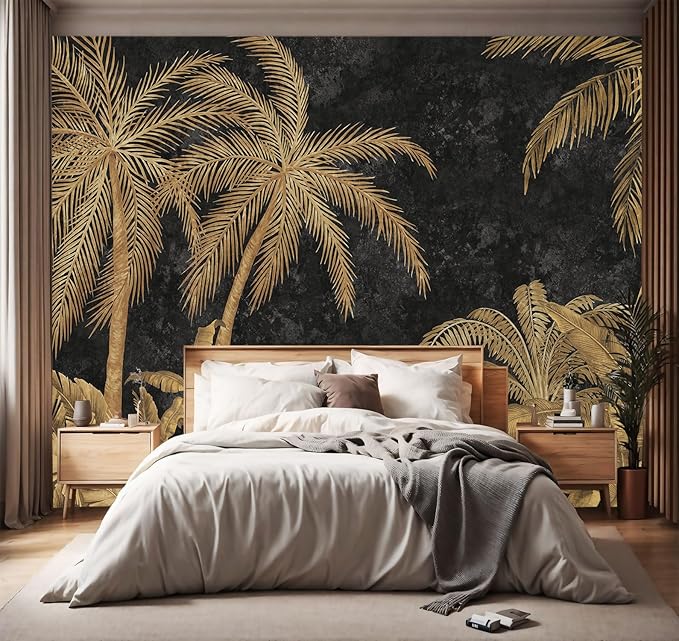 YIHWM -Gold Palms Botanical Backdrop Large Fabric Wallpaper Retro Tropical Plant Bedroom Bathroom Wall Mural- 137"x96"（ not Peel and Stick）