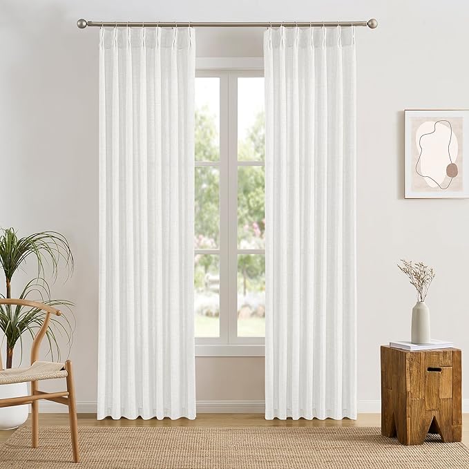 White Pinch Pleated Sheer Curtains 90 Inches Long, Textured Window Treatments Curtain for Bedroom/Living Room 42x90 Inch 2 Panels Back Tab Rod Pocket