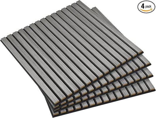 Acoustic Panels, Wood Slat for Wall & Soundproofing Wall Panels，3D Wall Panels High Density Sound Dampening Panels，4 Pack 24"x24" ，Gray