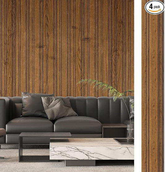 Art3d 4-Pack Glue-On Wall Panels, Wood Grain Texture Interior Wall Decor, 104"x12" Recycled Polystyrene Wainscoting Panels, Low Emission for Living Room Bedroom,Natural Teak