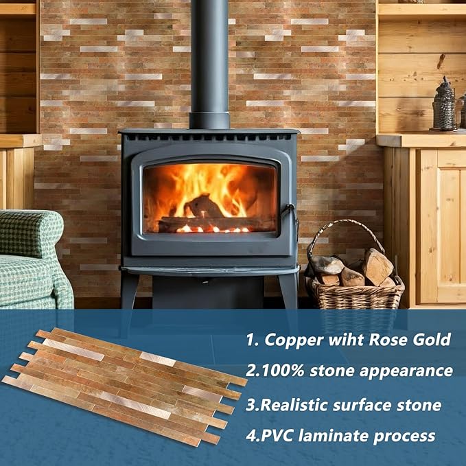 Yipscazo 40 Sheets PVC Wall Tiles Stick on Tiles for Backsplash Kitchen, Bathroom, Laundry Room, Camper, Fireplace (6'' X 12'', Copper Metal)