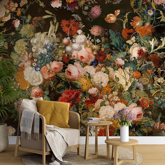 Zeeko Dark Floral Wallpaper Peel and Stick 148" W x 98" H Waterproof Canvas Fabric Vintage Moody Large Wall Mural Self Adhesive Removable Wall Paper for Bedroom Living Room Art Deco