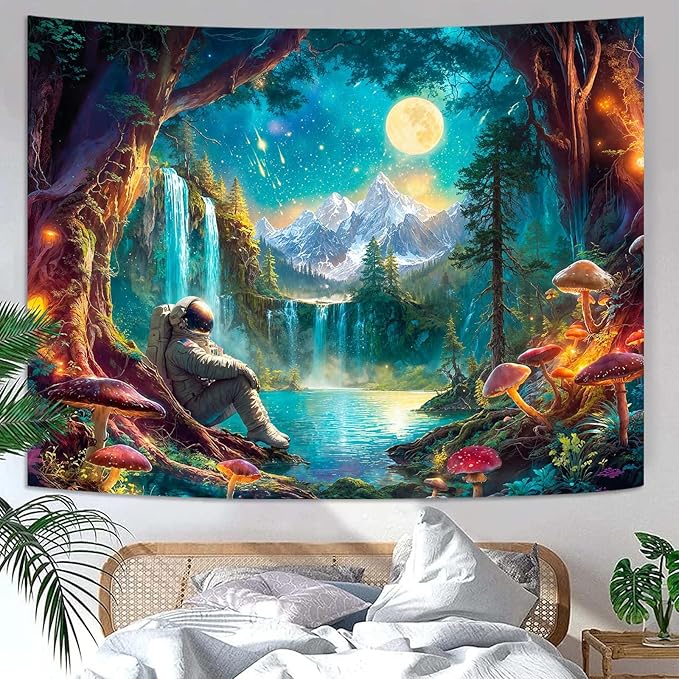 Zussun Mushroom Forest Tapestry Astronaut Nature Waterfull Snow Mountain Tapestry for Bedroom Aesthetic Fairy Moon Landscape Small Tapestries Wall Hanging for Dorm Living Room Decor 48 x 36 Inch