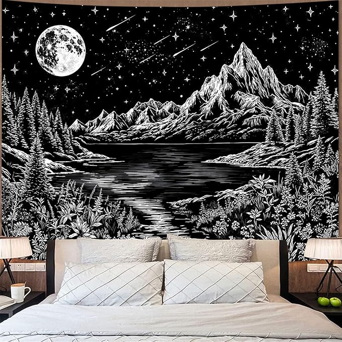 Zussun Black and White Mountain Forest Tapestry for Bedroom Aesthetic Dark Nature Lake Landscape Tapestries Wall Hanging Moon and Stars Wall Tapestry for Living Room Dorm 48 × 36 Inch