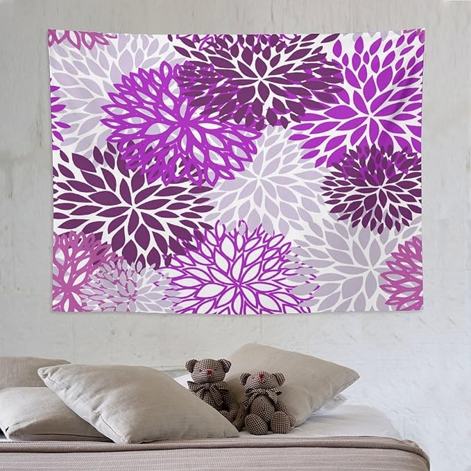 ZhiRain Dahlia Flower Tapestry Wall Hanging Purple Abstract Floral Chrisanthemum Pattern Tapestries Home Decor for Living Room Bedroom Farmhouse Apartment Dorm 60"x80"