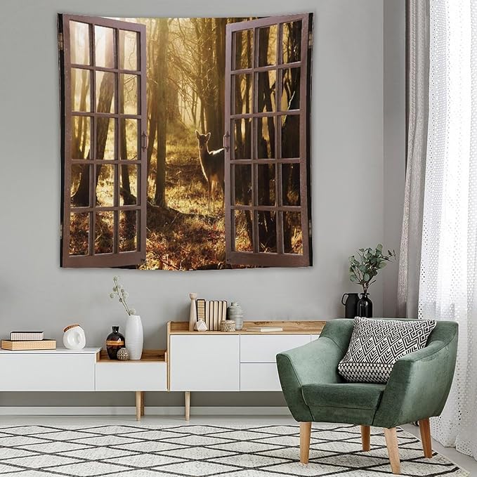 ZhiRain Forest Tapestry Wall Hanging Natural Forest And Deer at Sunset Pattern Tapestries Home Decor for Living Room Bedroom Apartment Farmhouse Dorm 60"x60"
