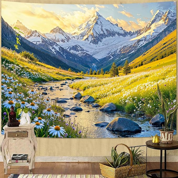 Zussun Nature Mountain Tapestry Daisy Flower Yellow Meadow Tapestry for Bedroom Aesthetic Sunlit Valley Snowy Stream Landscape Large Tapestries Wall Hanging for Dorm Living Room Decor 80 x 60 Inch