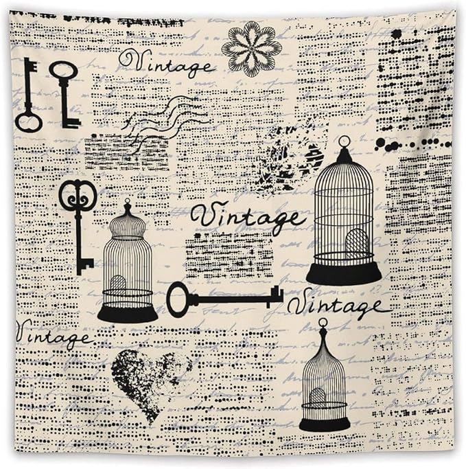 ZhiRain Old Newspaper Tapestry Wall Hanging Bird Cages Grunge Retro Pattern Keys Heart Shapes And Flower Tapestries Home Decor for Living Room Bedroom Apartment Farmhouse Dorm 60"x60"