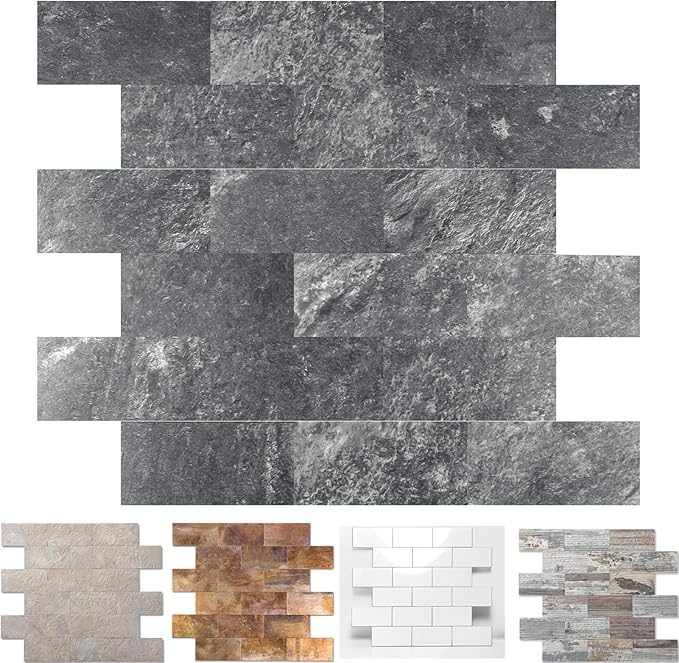 10-Pack Peel and Stick Tile Backsplash 12"X12" PVC Wall Tiles, Stick on Backsplash for Kitchen, Bathroom Tile, Fireplace Décor, Laundry Table, Stair Decals in Dark Rock