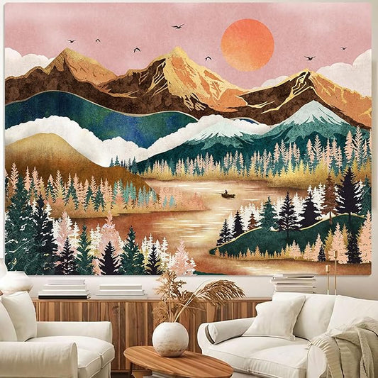 Zussun Mountain Tapestry Nature Forest Tree Tapestries for Bedroom Aesthetic Sunset Tapastry's Wall Hanging Orange and Green Landscape Wall Tapestry for Living Room Dorm (Orange, 48'' × 36'')