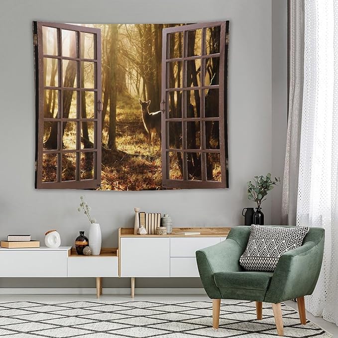 ZhiRain Forest Tapestry Wall Hanging Natural Forest And Deer at Sunset Pattern Tapestries Home Decor for Living Room Bedroom Apartment Farmhouse Dorm 50"x60"