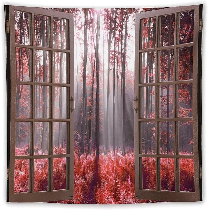 ZhiRain Red Forest Tapestry Wall Hanging Season Foggy Nature And Enchanted Woods Wild Trees Print Tapestries Home Decor for Living Room Bedroom Apartment Farmhouse Dorm 60"x60"