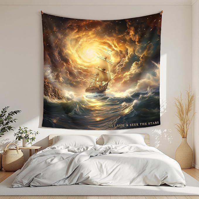 Xolytar Fantasy Pirate Ship Tapestry Set Sail - Dark Academia Room Decor, Vintage Nautical Ocean Storm Wall Art, Motivational Quote for Boys Bedroom, Man Cave (50x60)