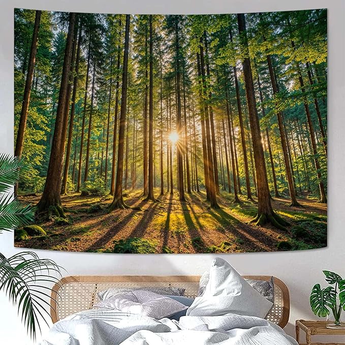 Zussun Nature Forest Tapestry Sunlit Green Woodland Tapestry for Bedroom Aesthetic Lush Trees Landscape Large Tapestries Wall Hanging for Dorm Living Room Decor 80 x 60 Inch