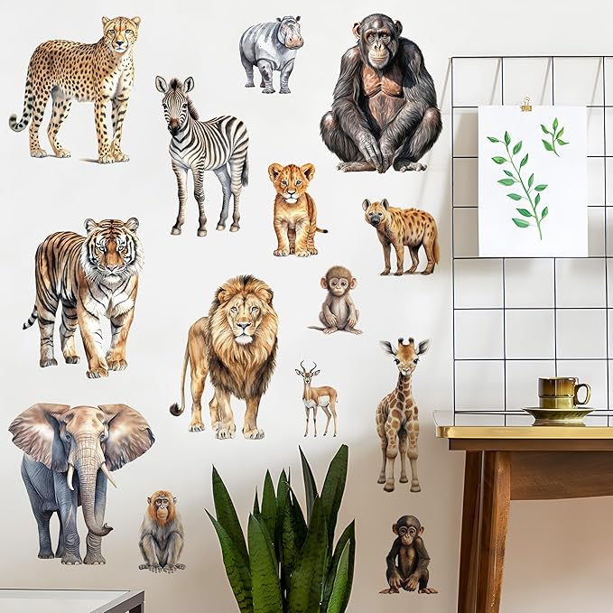 AM AMAONM Removable 3D Nature Jungle Wild Animals Wall Stickers DIY Peel and Stick Safari Tiger Lion Elephant Wall Decals Aniaml Wall art Decor for Kids Baby Bedroom Nursery Living Room (Anaiml Party)