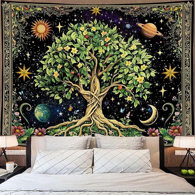 Zussun Tree of Life Tapestry Vintage Nature Green Plant Floral Flowers Celestial Tapestries for Bedroom Aesthetic Retro Sun Moon Stars Galaxy Tapestry Wall Hanging for Dorm Living Room 90 x 68 Inch