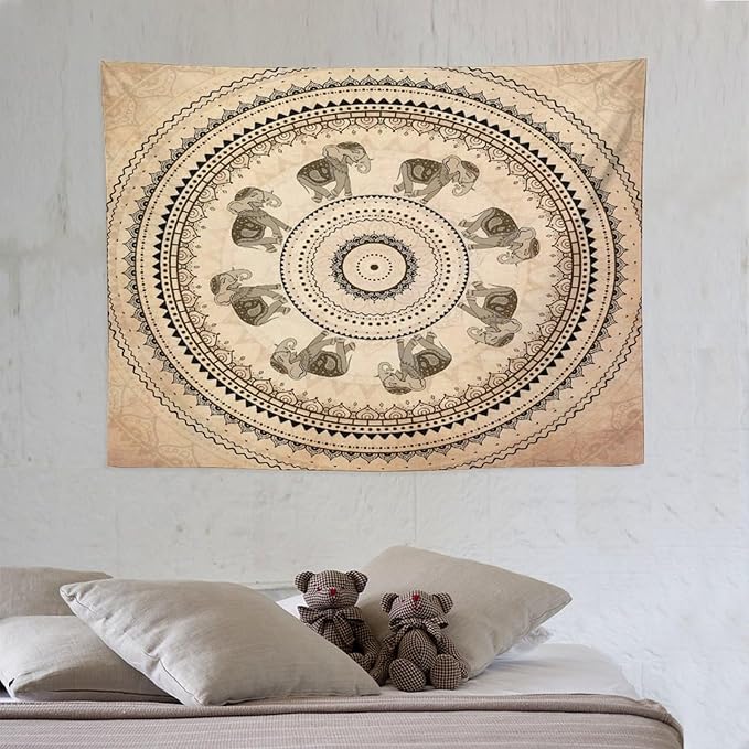 AAVEUP Indian Hippie Bohemian Psychedelic Tapestry Bohemian Brown Abstract Geometric Mandala Flower Vintage Elephant Texture Tapestries for Bedroom Dorm Living Room Decor 30x30in