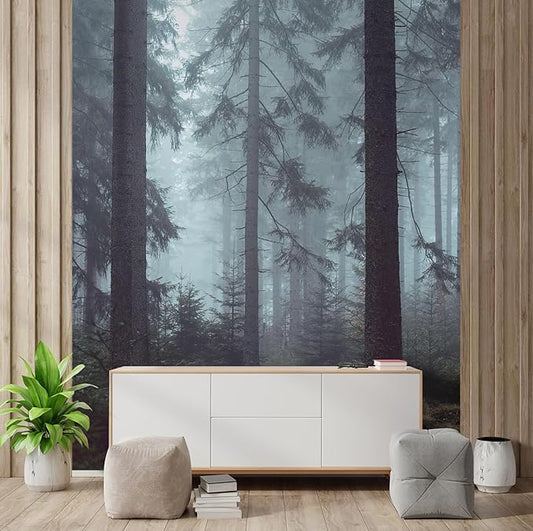 wall26 Foggy Pin Forest Removable Wall Mural | Self-Adhesive Large Wallpaper - 96x96 inches