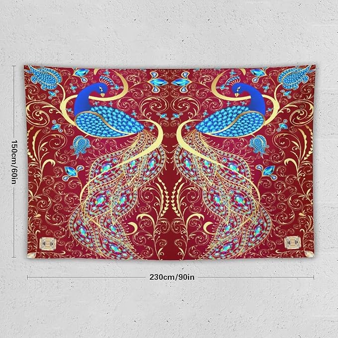 ZhiRain Peacock Ornament Tapestry Wall Hanging Golden Red Background Elegant Bohemian Style Tapestries Home Decor for Living Room Bedroom Farmhouse Apartment Dorm 60"x90"