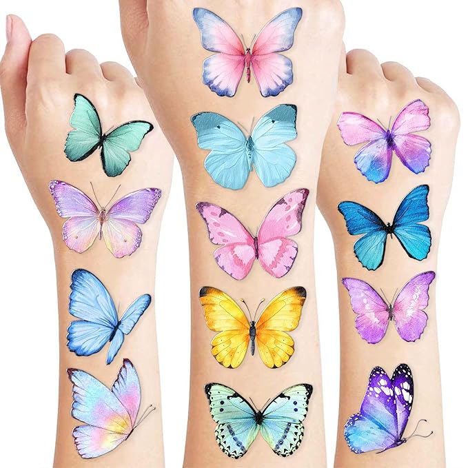 8 Sheets (96PCS) Butterfly Temporary Tattoos Butterflies Theme Birthday Party Decorations Supplies Favors Stickers for Women Kids Gifts Classroom School Prizes Rewards