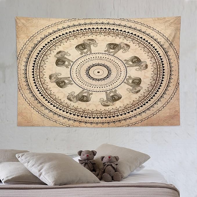AAVEUP Indian Hippie Bohemian Psychedelic Tapestry Bohemian Brown Abstract Geometric Mandala Flower Vintage Elephant Texture Tapestries for Bedroom Dorm Living Room Decor 60x90in