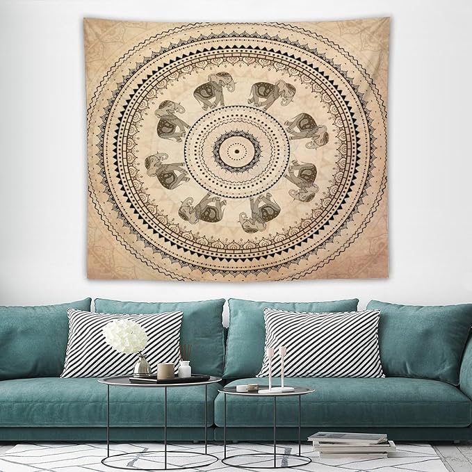 AAVEUP Indian Hippie Bohemian Psychedelic Tapestry Bohemian Brown Abstract Geometric Mandala Flower Vintage Elephant Texture Tapestries for Bedroom Dorm Living Room Decor 50x60in