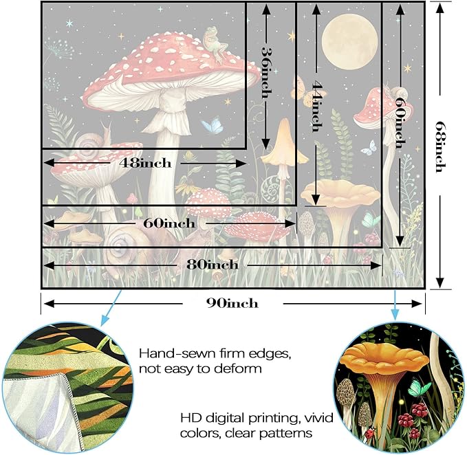 Zussun Red Mushroom Tapestry Moon Star Tapestries for Bedroom Aesthetic Starry Night Green Plant Tapastrys Wall Hanging Butterfly Snail Frog Wall Tapestry for Living Room Dorm (Black, 60" x 44")