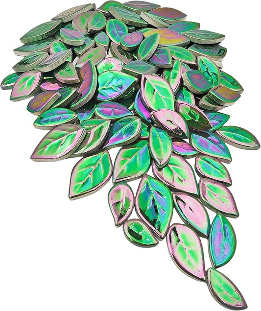 500g/1.1lb Leaf-Shaped Ceramic Mosaic Tiles,Ceramic Mosaic Pieces for Crafts,Mosaic Tiles for Home Decoration or DIY Crafts,Mosaic Making Supplies. (Iridescent Dark Green)