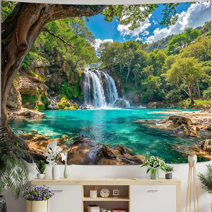 Zussun Nature Forest Tree Tapestry Flowing Waterfall Green Jungle Tapestry for Bedroom Aesthetic Teal Lake Landscape Large Tapestries Wall Hanging for Dorm Living Room Decor 90 x 68 Inch