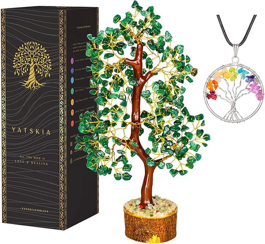 YATSKIA Green Aventurine Gemstone Tree Natural Stone Feng Shui Wire Bonsai Seven Chakra Jewelry Trees of Life Necklace Good Luck Handmade Prosperity Success Stones Gift Home Office Desk Shelves Décor