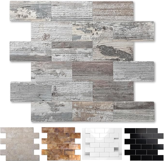5-Pack Peel and Stick Tile Backsplash 12"X12" PVC Wall Tiles, Stick on Backsplash for Kitchen, Bathroom Tile, Fireplace Décor, Laundry Table, Stair Decals in Rustic Wood Grain