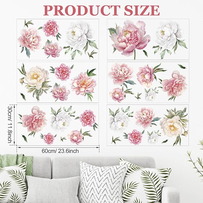 Zonon 6 Pcs Flowers Wall Decals Stickers Vinyl Removable Peel and Stick Colorful Dragonflies Floral Wall Murals Decor for Bedroom Living Room Nursery(Colorful Peony)