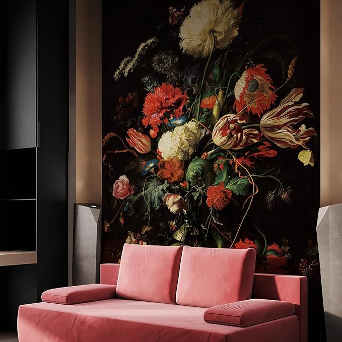 Zeeko Dark Floral Peel and Stick Wall Murals 59" W x 98" H Vintage 3D Flowers Wallpaper Self Adhesive Nature Botanical Wall Art for Bedroom TV Background Living Room Decor