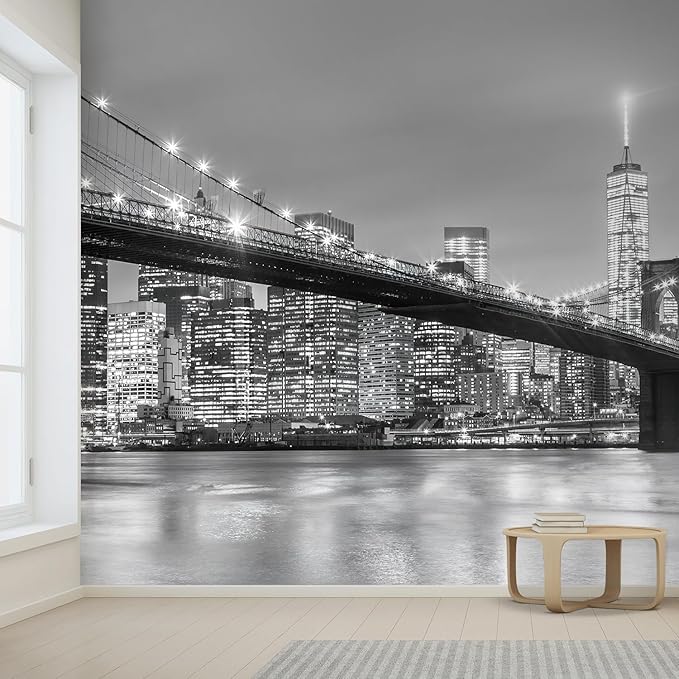 wall26 Brooklyn Bridge and New York City Manhattan Downtown Skyline at Dusk with Skyscrapers Removable Wall Mural Self-Adhesive Large Wallpaper - 96x144 inches