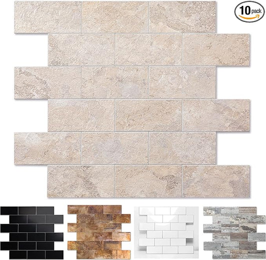 10-Pack Peel and Stick Tile Backsplash 12"X12" PVC Wall Tiles, Stick on Backsplash for Kitchen, Bathroom Tile, Fireplace Décor, Laundry Table, Stair Decals in Beige Stone Rocks