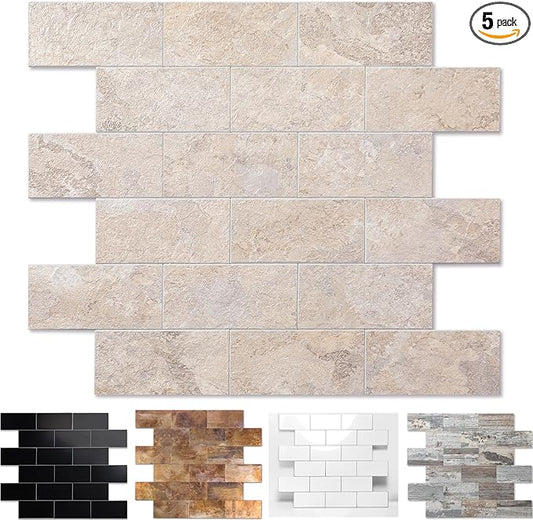 5-Pack Peel and Stick Tile Backsplash 12"X12" PVC Wall Tiles, Stick on Backsplash for Kitchen, Bathroom Tile, Fireplace Décor, Laundry Table, Stair Decals in Beige Stone Rocks