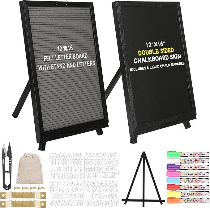 12x16 inch Double Sided Chalkboard and Felt Letter Board with Stand - Reversible Wooden Frame Easel for Menu, Announcements, Home, Office, Cafe, Restaurant Decor