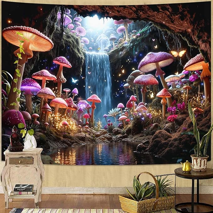 Zussun Fantasy Mushroom Waterfull Tapestry Fairy Butterfly Cave Wall Tapestry for Bedroom Aesthetic Nature Magic Floral Large Tapestries Wall Hanging for Dorm Living Room Decor 80 x 60 Inch