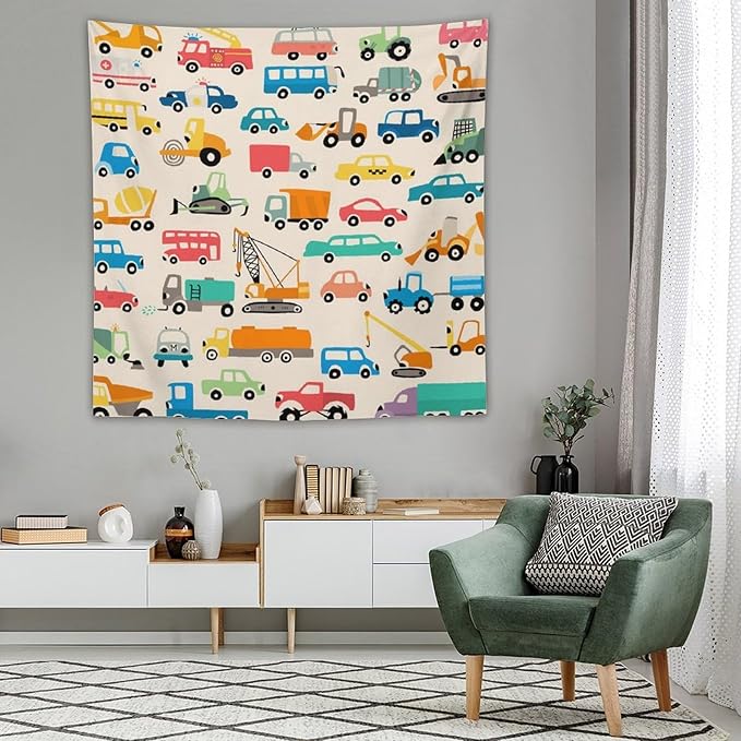 ZhiRain Cartoon Cars Print Tapestry Wall Hanging Cartoon Shovel And Trucks Tapestries Home Decor for Living Room Bedroom Apartment Farmhouse Dorm 60"x60"