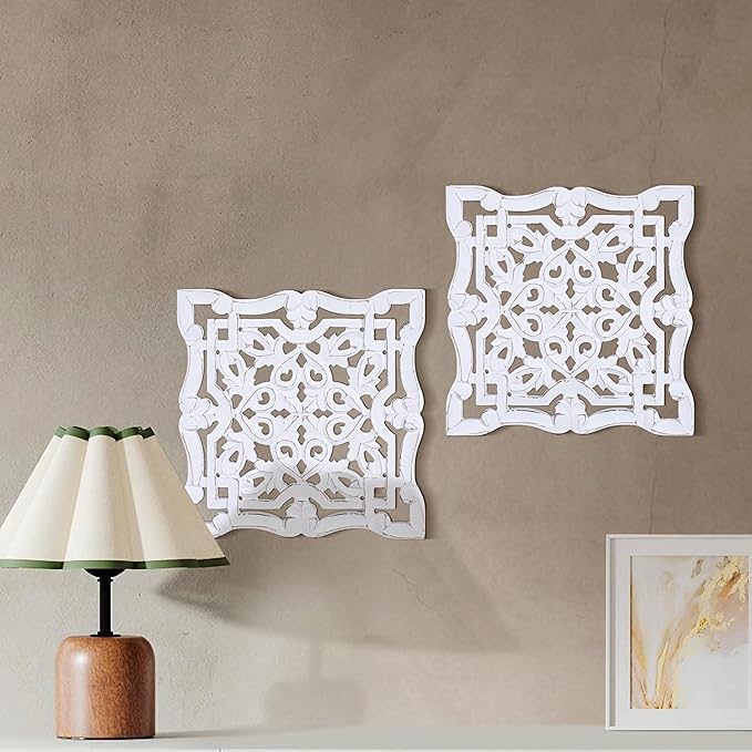 Woodify Hand-Carved Wooden Wall Décor – Set of 2, 12" x 12" Decorative Wood Panels, Floral Design, White Antique Finish, Wall Art for Living Room & Home Décor