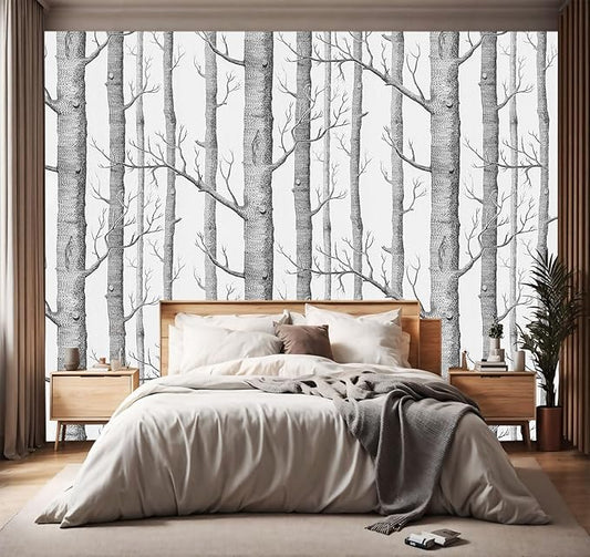YIHWM -Hand-Painted Woodland Backdrop Large Fabric Living Room Wallpaper Grey Forest Bedroom Bathroom Wall Mural- 137"x96"（ not Peel and Stick）